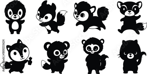 Eight Cute Black Cartoon Animal Silhouettes in Various Poses vector illustration