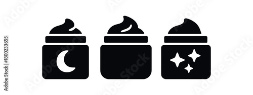 Flat vector illustration three cream jars black and white solid black icon style night mindfulness theme 3x1 grid equal spacing clean silhouettes isolated on white