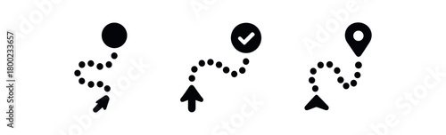 Flat vector illustration three dotted paths (journey) black and white solid black icon style conceptual focus flow theme 3x1 grid equal spacing clean silhouettes isolated on white