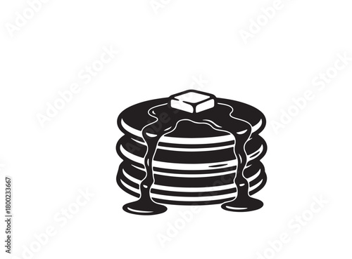 Stack of Pancakes with Butter and Syrup, Black and White Breakfast Icon Vector