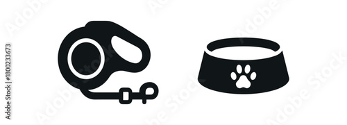Flat vector illustration leash dog bowl pet walk theme black and white solid black icon style 2x1 grid equal spacing isolated on white full objects visible