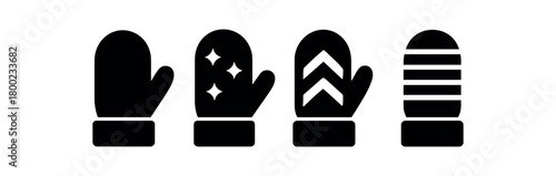Flat vector illustration four mitten pairs black and white solid black icon style simple cuffs 4x1 grid equal spacing isolated on white