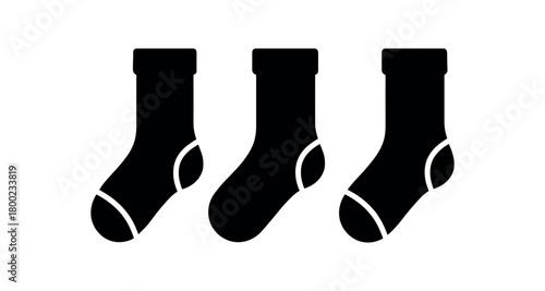 Flat vector illustration three wool socks black and white solid black icon style heel and toe blocks 3x1 grid equal spacing isolated on white