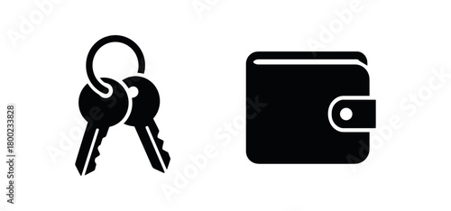 Flat vector illustration keys wallet errands theme black and white solid black icon style 2x1 grid equal spacing isolated on white full objects visible