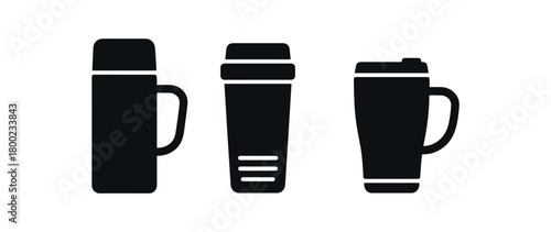Flat vector illustration three thermos mugs black and white solid black icon style seasonal essentials theme autumn vibe 3x1 grid equal spacing isolated on white