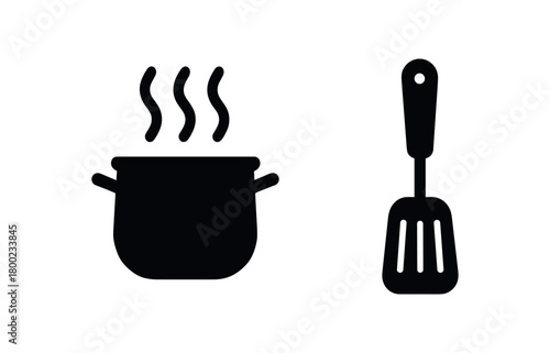 Flat vector illustration saucepan spatula quick cooking theme black and white solid black icon style 2x1 grid equal spacing isolated on white full objects visible