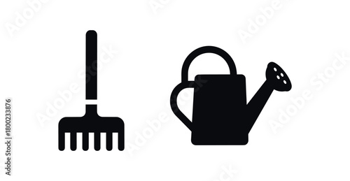 Flat vector illustration garden rake watering can backyard care theme black and white solid black icon style 2x1 grid equal spacing isolated on white full objects visible