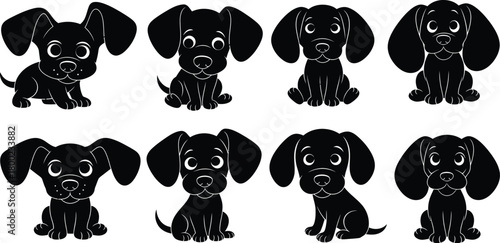 Eight Cute Black Cartoon Puppy Dog Silhouettes in Various Poses vector illustration