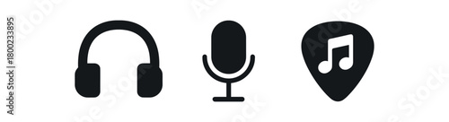 Flat vector illustration headphones microphone guitar pick music time theme black and white solid black icon style 3x1 grid equal spacing isolated on white full objects visible