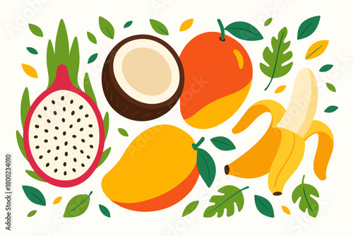 flat vector illustration dragon fruit interior with seeds coconut half mango banana peel colorful tropical tone white background leaf confetti