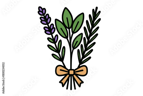 herbal bouquet flat vector bold outline white background minimal bright lavender sage rosemary tied stems