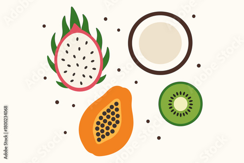flat vector illustration dragon fruit with green tips papaya seeds kiwi ring coconut half clean white background decorative dots