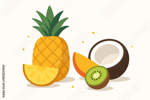 flat vector illustration pineapple whole and slice mango piece kiwi slice coconut clean white background minimal shadow hint dot scatter