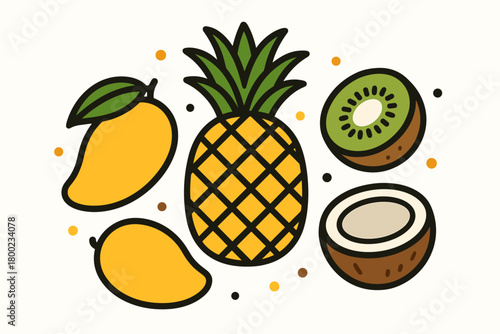 flat vector illustration exotic fruits pineapple mango kiwi coconut bold outline decorative dots clean white background