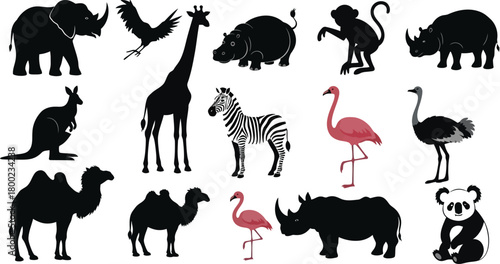 Diverse Collection of Black and Pink Silhouette Animals on White Background Keywords: animal, wildlife, silhouette, black, pink