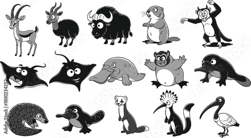Diverse Collection of Black and White Cartoon Animal Illustrations in Various Poses gazelle