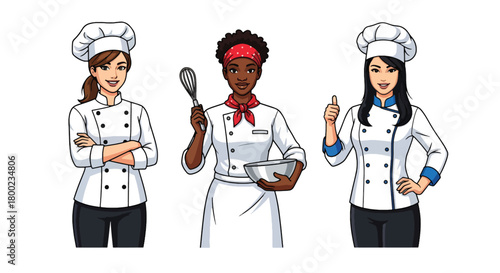 Set of vector illustrations of female chefs in cooking poses, perfect for culinary training, restaurant marketing, baking tutorials, and food service branding