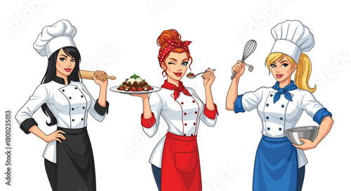 Set of vector illustrations of female chefs in cooking poses, perfect for culinary training, restaurant marketing, baking tutorials, and food service branding