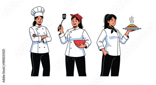 Set of vector illustrations of female chefs in cooking poses, perfect for culinary training, restaurant marketing, baking tutorials, and food service branding
