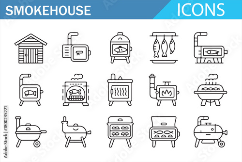 Vector smokehouse illustrations with meat racks, grills, and outdoor cookers