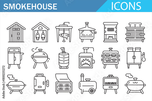 Black and white vector illustration set of smokehouse and smoker grill icons including BBQ smokers, wood-burning grills, meat racks, smoke chambers, and outdoor cooking equipment with clean editable s
