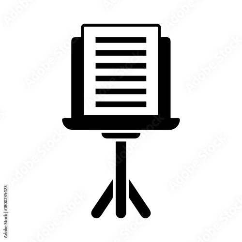 Black music stand holding a blank sheet music, isolated on white background