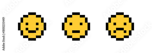 Pixel smiley face icons, happy neutral sad emoji set, Pixel art, Vector illustration.
