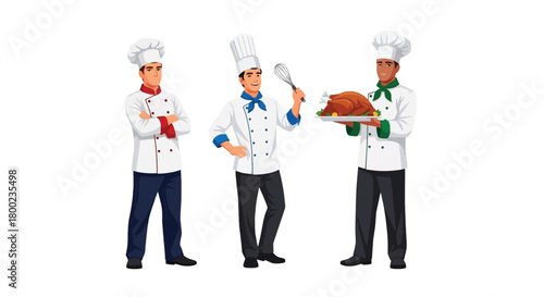 Set of vector illustrations of male chefs holding dishes and tools, ideal for restaurant branding, culinary school materials, and food service marketing