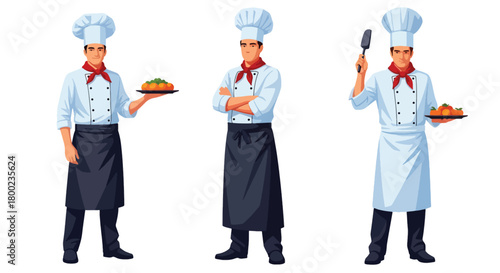 Set of vector illustrations of male chefs holding dishes and tools, ideal for restaurant branding, culinary school materials, and food service marketing