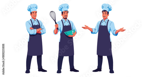 Set of vector illustrations of male chefs holding dishes and tools, ideal for restaurant branding, culinary school materials, and food service marketing