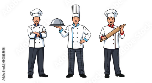 Set of vector illustrations of male chefs holding dishes and tools, ideal for restaurant branding, culinary school materials, and food service marketing