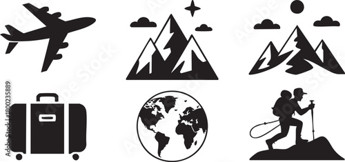 Airplane, Mountains, Suitcase, Globe, Hiker in Minimalist Design