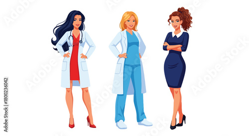 Set of vector illustrations of female doctors in professional poses, perfect for healthcare communication, hospital branding, and medical training materials