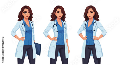 Set of vector illustrations of female doctors in professional poses, perfect for healthcare communication, hospital branding, and medical training materials