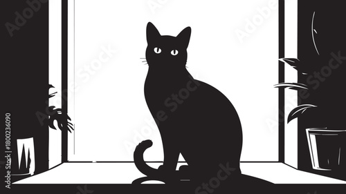 Black cat silhouette sits watching through a window with plants visible on each side