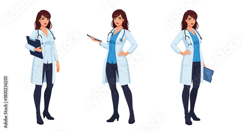 Set of vector illustrations of female doctors in professional poses, perfect for healthcare communication, hospital branding, and medical training materials