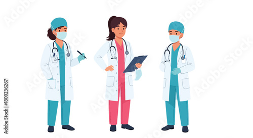 Set of vector illustrations of female doctors in professional poses, perfect for healthcare communication, hospital branding, and medical training materials