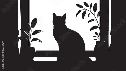 Black silhouette shows cat sitting in window between potted plants indoors