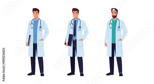 Set of vector illustrations of male doctors in medical poses, ideal for healthcare marketing, hospital materials, telemedicine platforms, and educational content