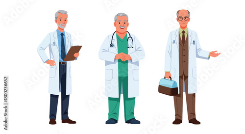 Set of vector illustrations of male doctors in medical poses, ideal for healthcare marketing, hospital materials, telemedicine platforms, and educational content