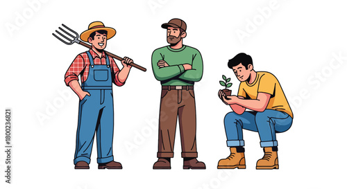 Set of vector illustrations of male farmers with tools and fresh produce, perfect for agricultural branding, organic food marketing, and rural lifestyle materials
