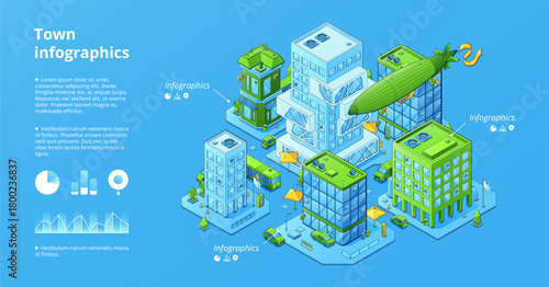 Town infographics poster with isometric city