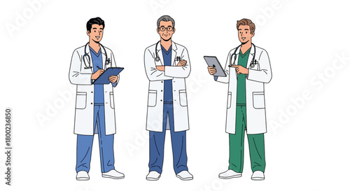 Set of vector illustrations of male doctors in medical poses, ideal for healthcare marketing, hospital materials, telemedicine platforms, and educational content