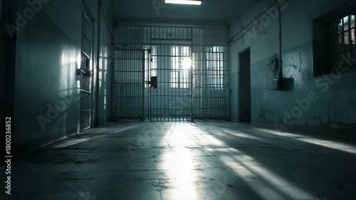 Wallpaper Mural Empty prison hallway with barred windows and doors, dramatic lighting Torontodigital.ca