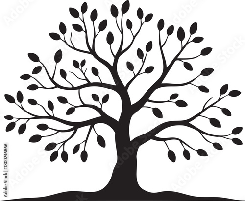 Detailed black tree silhouette displays sparse leaves and complex branches against a white background