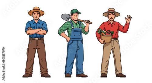 Set of vector illustrations of male farmers with tools and fresh produce, perfect for agricultural branding, organic food marketing, and rural lifestyle materials