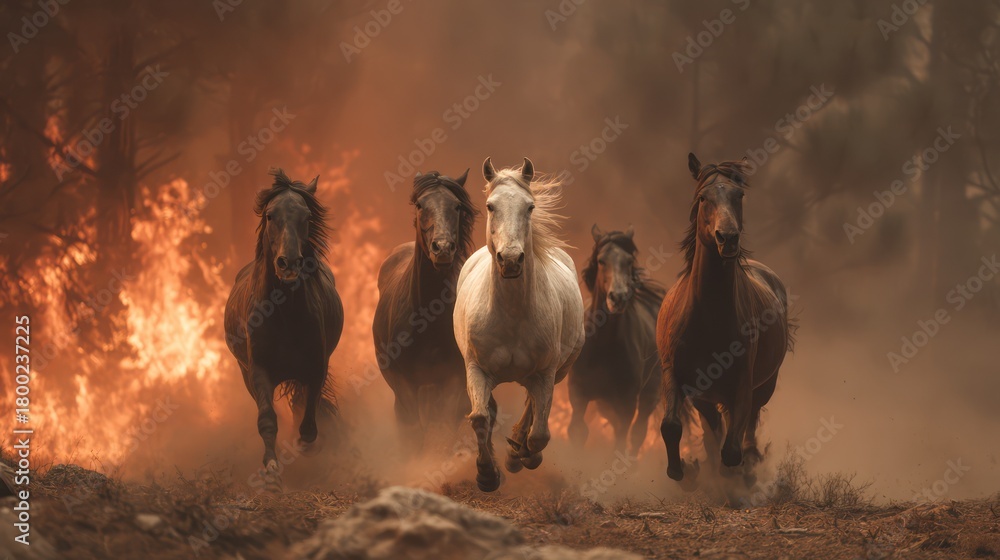 Obraz premium Wild Horses Running from Raging Forest Fire, Dramatic Cinematic Scene