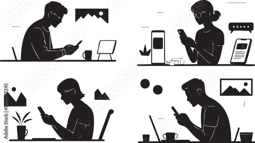 Four silhouettes illustrate diverse people using phones at tables with objects, shown on transparent background