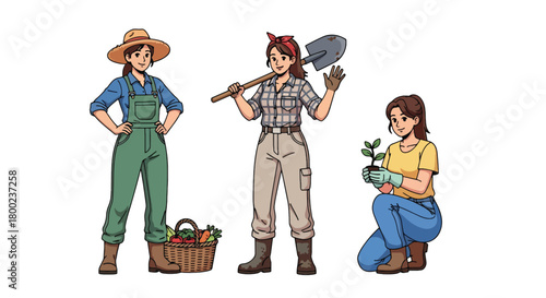 Set of vector illustrations of female farmers in gardening poses, ideal for agriculture education, organic farming promotions, and sustainable lifestyle marketing