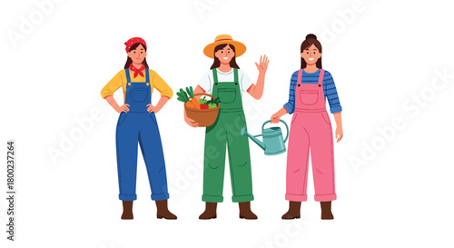 Set of vector illustrations of female farmers in gardening poses, ideal for agriculture education, organic farming promotions, and sustainable lifestyle marketing